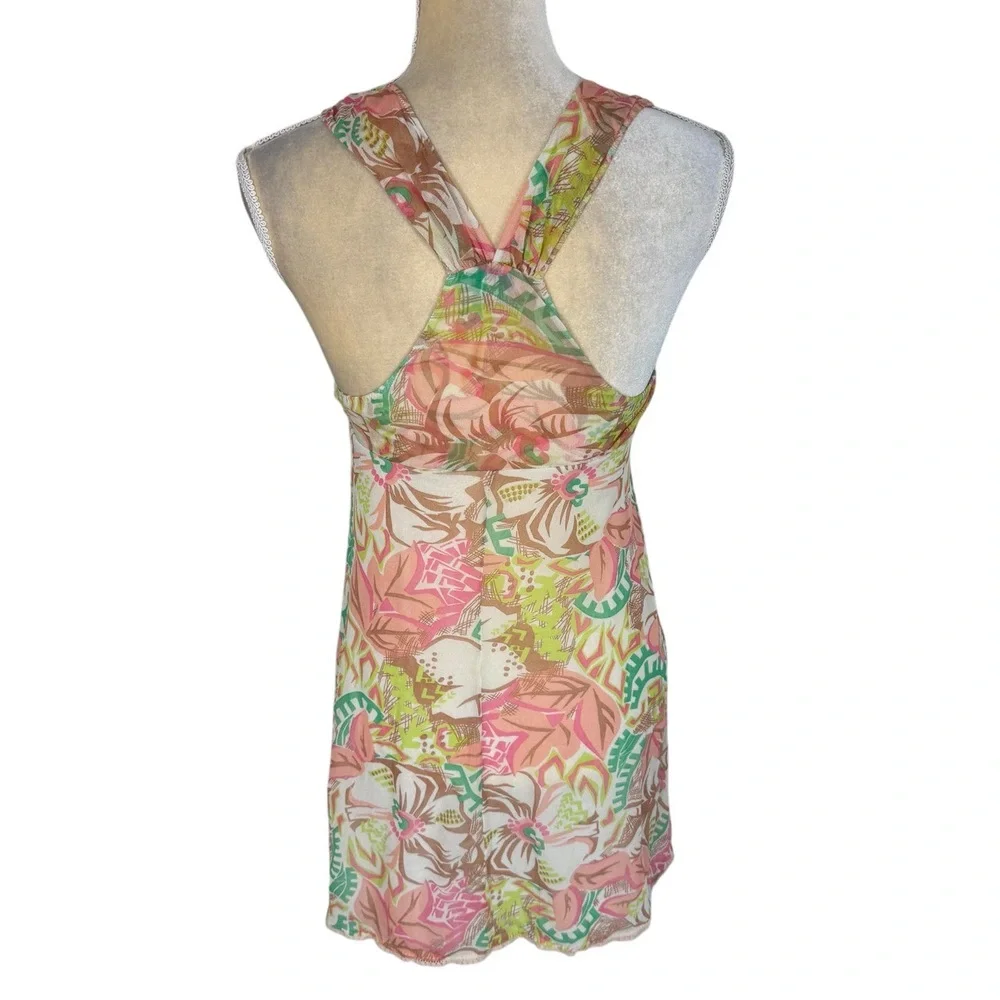 On Gossamer Multicolor Sheer Crisscross Halter Floral Mini‎ Dress Empire Waist S